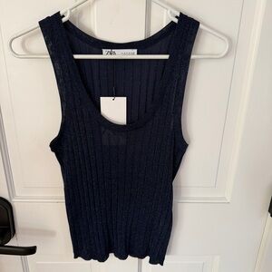 ZARA Navy Ribbed Shimmer Tank Top